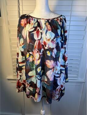Spense XL Women's Floral Keyhole Blouse Blue Purple Pink Micro-Pleated Flowy Top